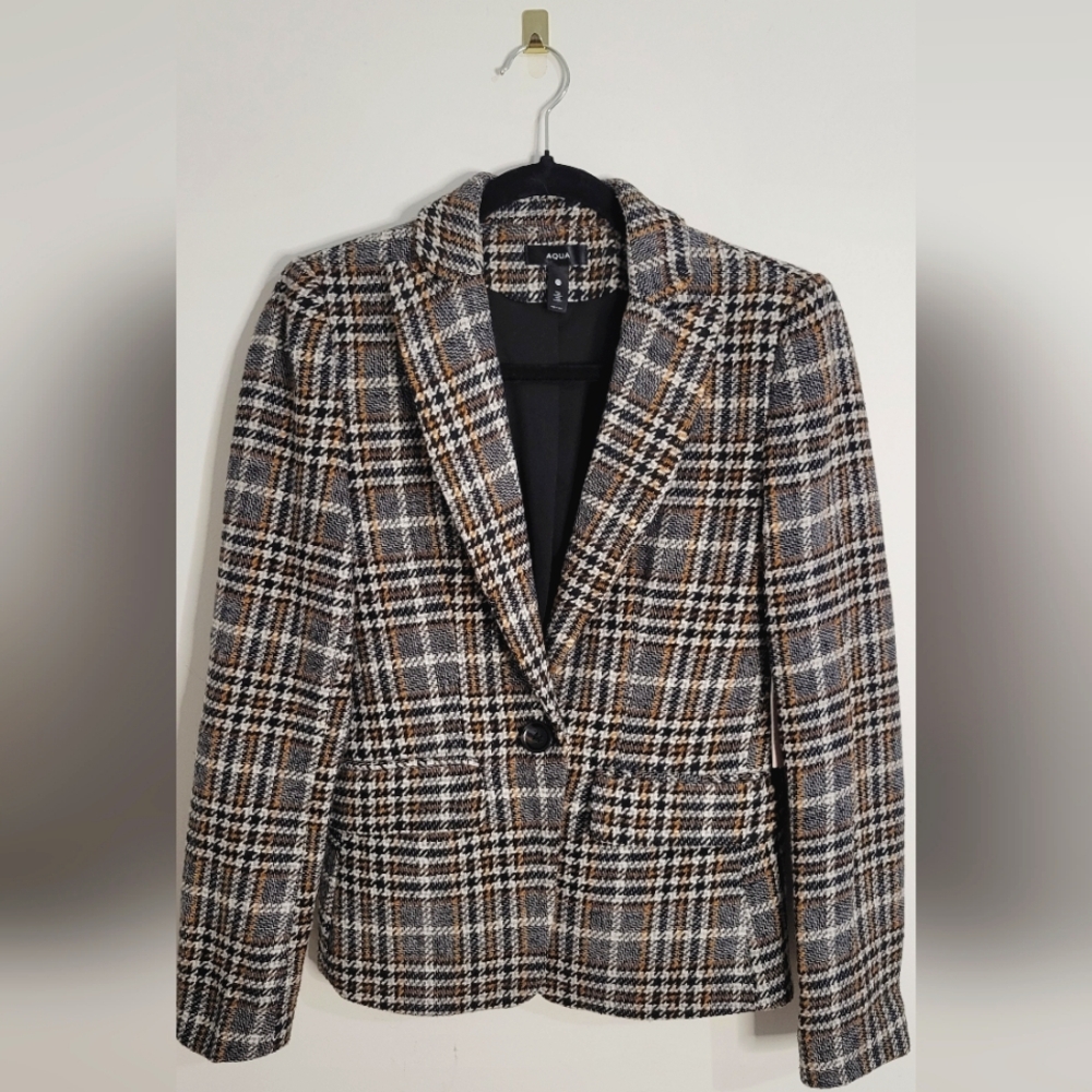 Aqua Brown/Black/White Plaid Blazer, Size XS